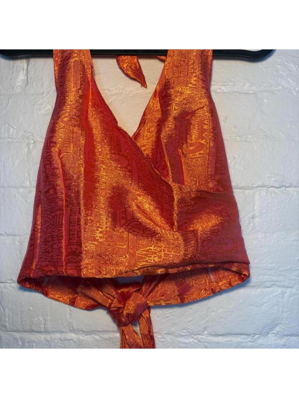 Rust Copper Metallic Brocade Halter Wrap Crop Top M/L